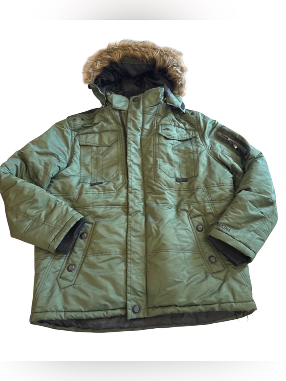 Pacific Trail Olive Green Men’s Hooded Puffer Jacket with Faux Fur Trim